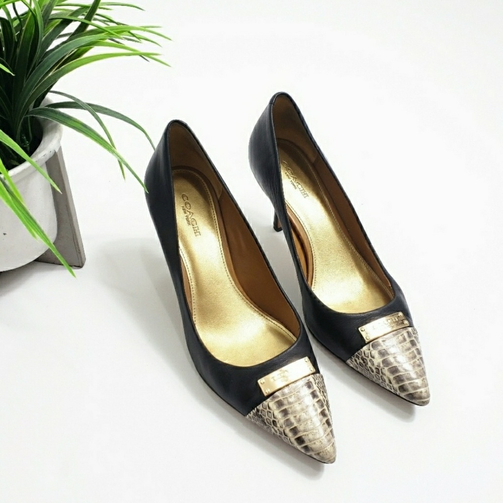 Coach ZAN Black and Snakeskin Toe Leather Heels